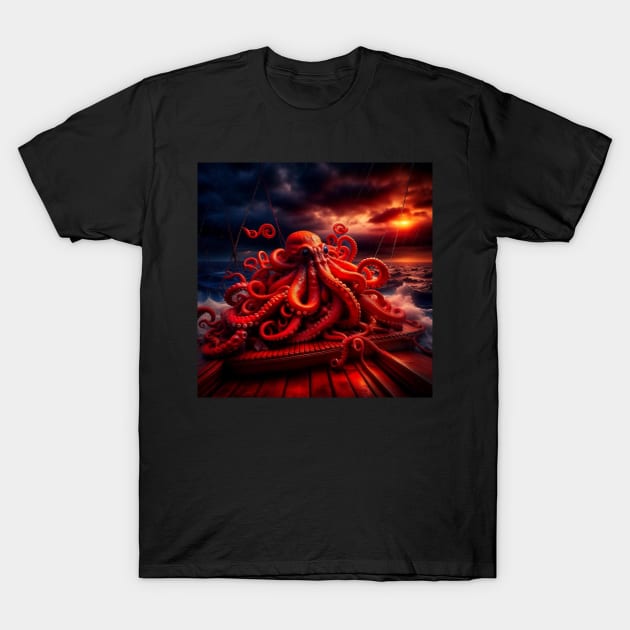 Octopus on a boat on a scary night T-Shirt by Artistrycreations 